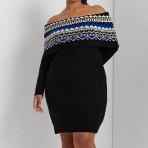 NEW Lauren Ralph Lauren Women's 2X Plus Off-The-Shoulder Fair Black Wool Dress